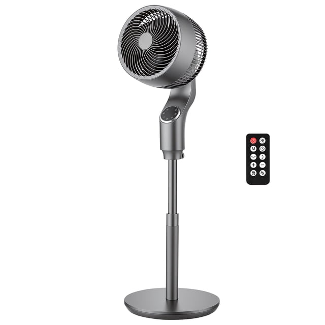 KFFKFF 9-Inch Pedestal Fan, 80° Oscillating Standing Floor Fan with Quite DC Motor, Remote Control, 9 Speeds & 4 Smart Modes, 24H Timer, Adjustable Height, for Home, Silver Gray