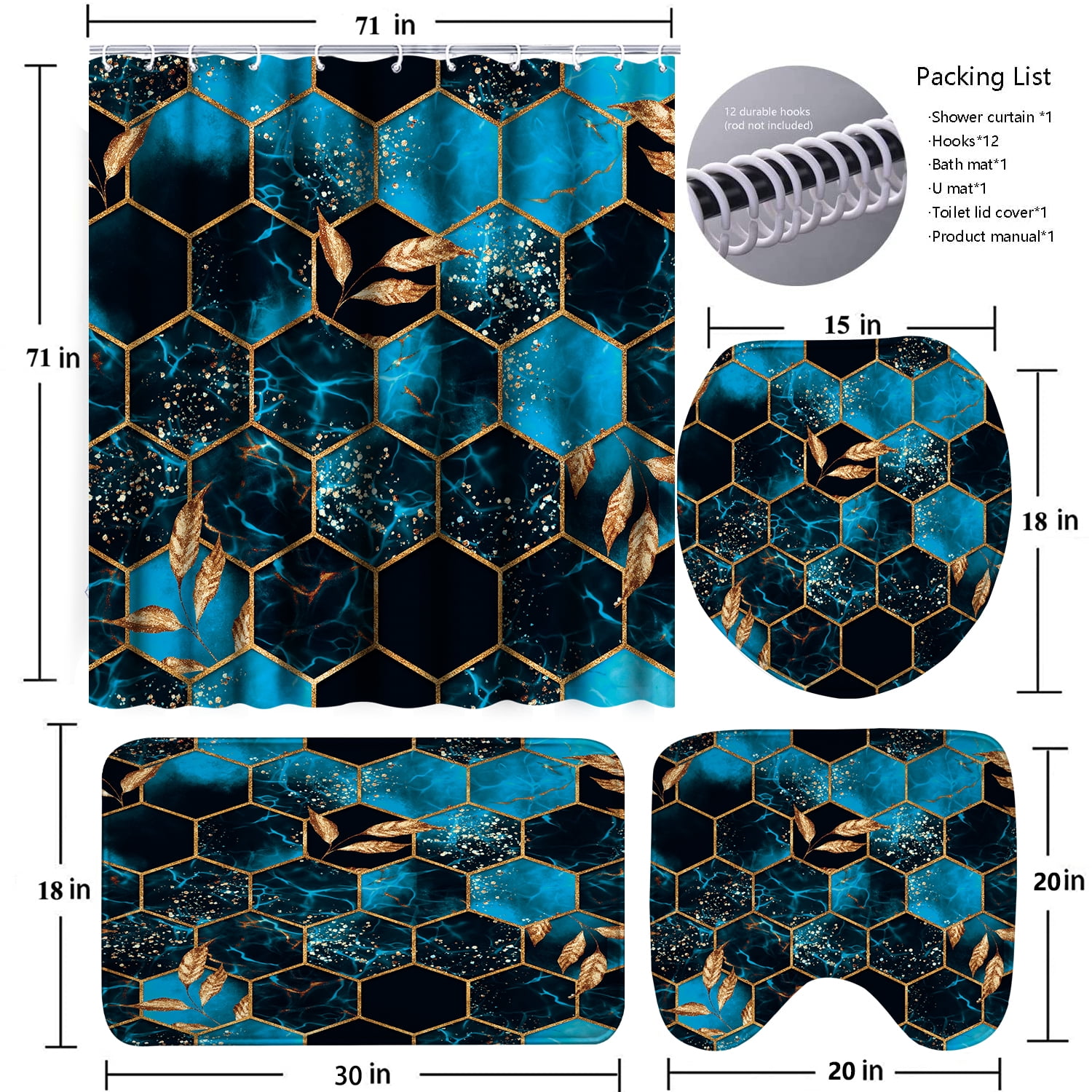 Poedist 4Pcs Marble Bathroom Sets with Shower Curtain and Rugs, Marble Shower Curtain Set with Non-Slip Rugs,Toilet Lid Cover,Bath Mat and 12 Hooks,71 x 71 Inch, SKY Blue Honeycomb Marble