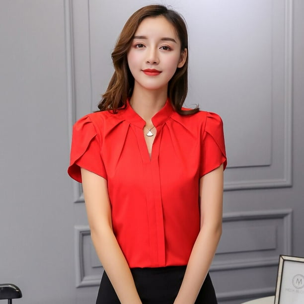 Korean Fashion Women Shirts Woman Chiffon Shirt Short Sleeve Elegant Office  Lady V Neck White Blouse Shirts Blusas Mujer De Moda