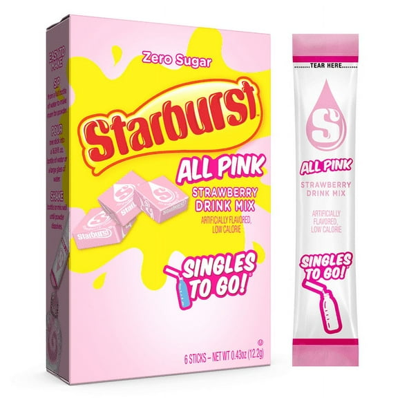 Starburst Zero Sugar Singles-to-Go Powdered Drink Mix, All Pink Strawberry, 6 Count Packets, Pack of 6