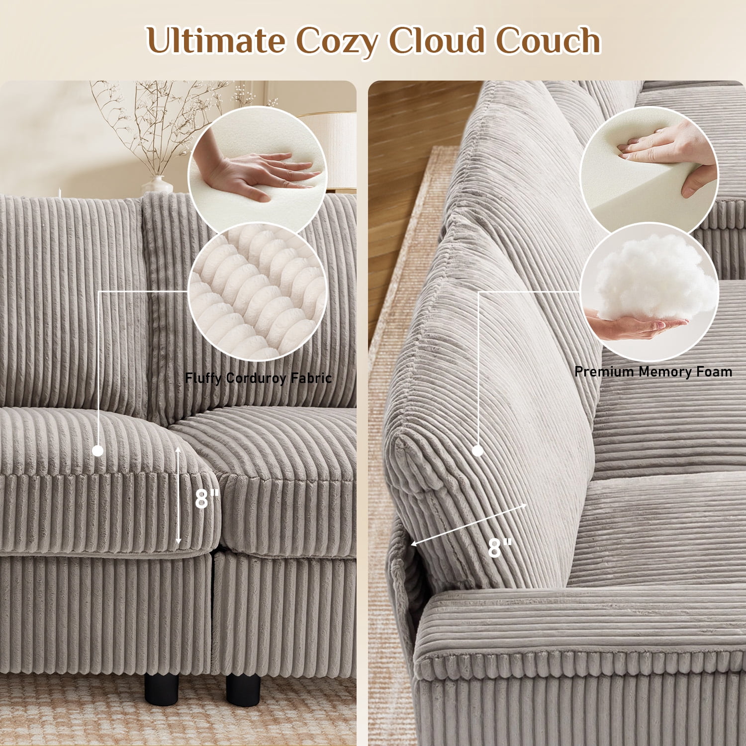 Wiilayok 153" Oversized U-Shaped Cloud Couch Sectional with Modular Design for Living Room: Comfy Corduroy, Ottoman, USB Port, Cup Holder, Armrest Storage, Side Pocket, Grey