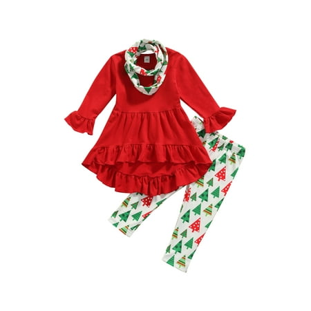 

Michellecmm 3Pcs Toddler Girls Christmas Pants Set Long Sleeve Pullover Shirt Dress+Santa Printed Pants+Headdress
