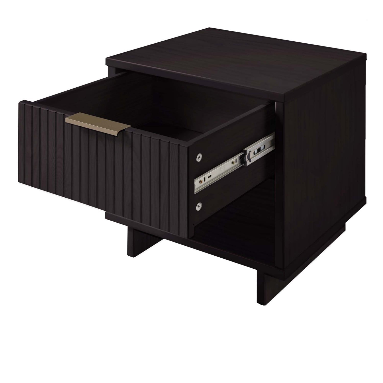 Black Nightstand, Modern Contemporary Bedside Table with 1 Drawer, Solid Wood Ribbed Drawer Front and Gold Handle, Glam Storage End Table for Bedroom Living Room