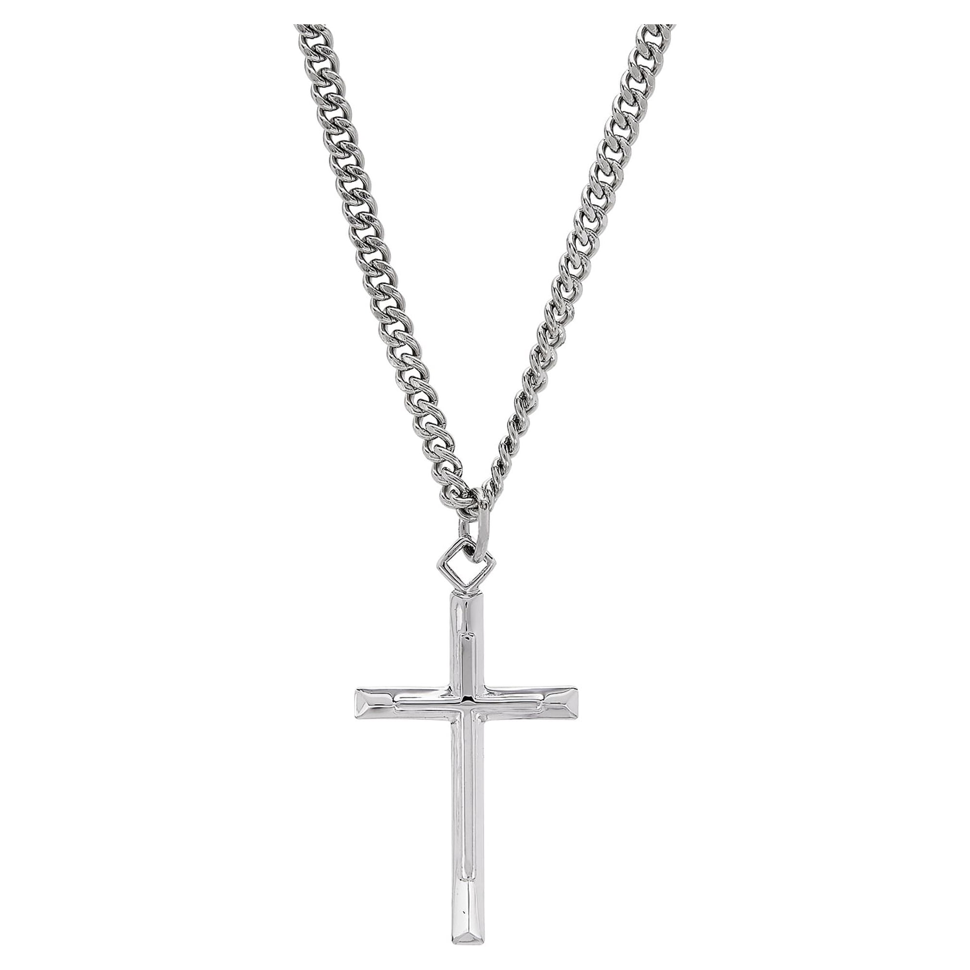 Brilliance Fine Jewelry Sterling Silver Cross on Stainless Steel Necklace, 24"