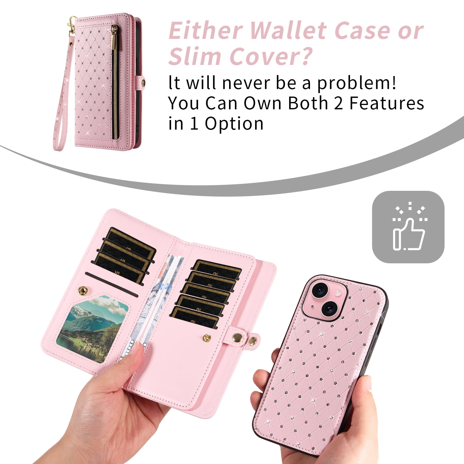 Asuwish Phone Case for iPhone 15 6.1 inch Zipper Wallet Detachable Cell Cover with Tempered Glass Screen Protector Crossbody Lanyard Strap Bling Glitter Flip Card Holder Slot iP15 Women Girls Pink