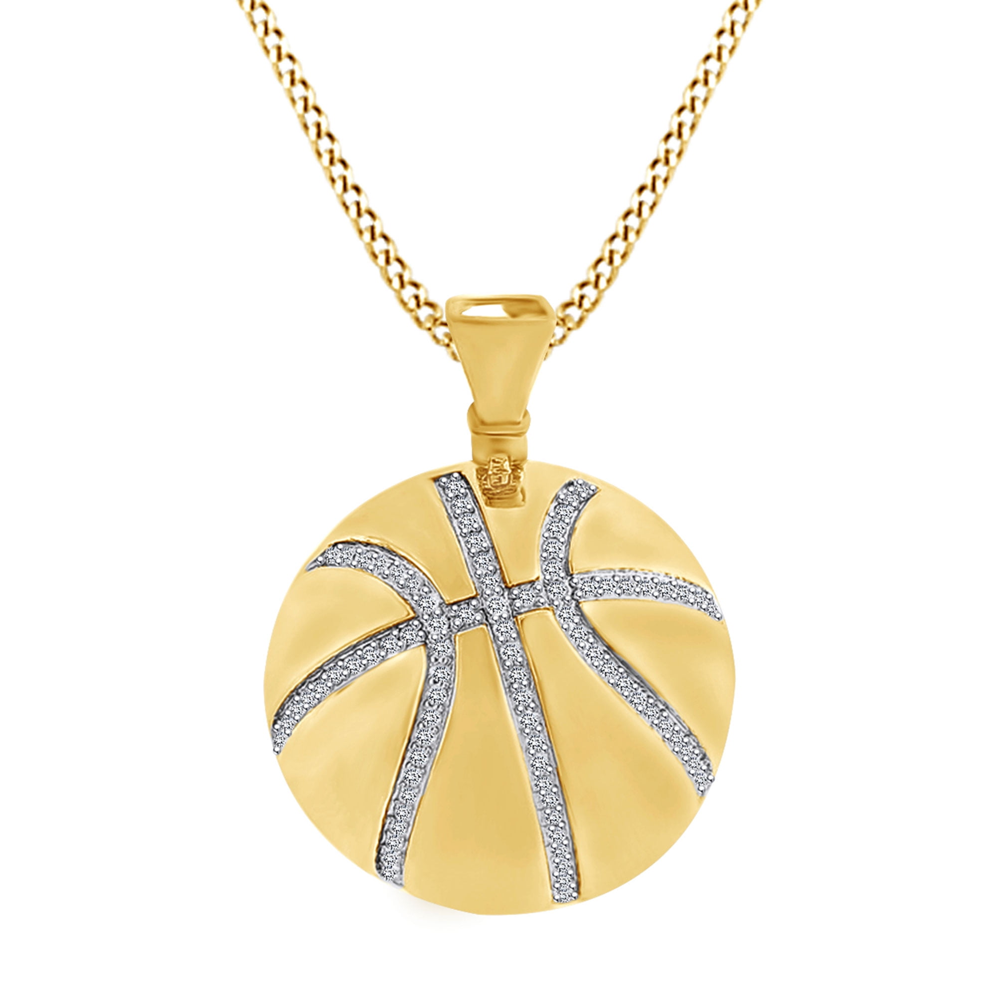Round White Natural Diamond Basketball Pendant Necklace 14k Yellow Gold