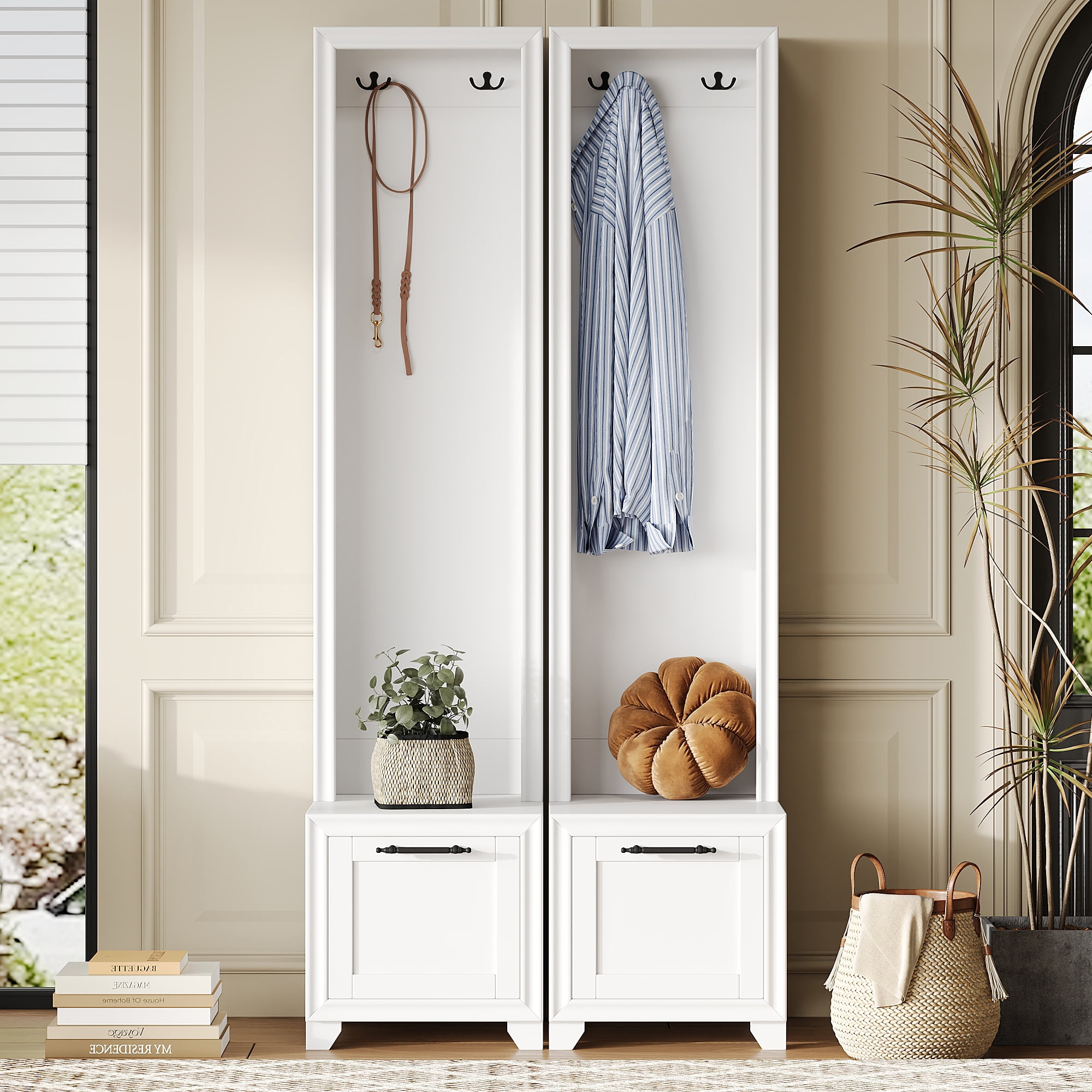 Euroco Elegant Free Standing Hall Tree Set of 2, 3-in-1 Entryway Coat Rack with Black Retro Handles, Bench with Storage Drawers for Hallway and Living Room