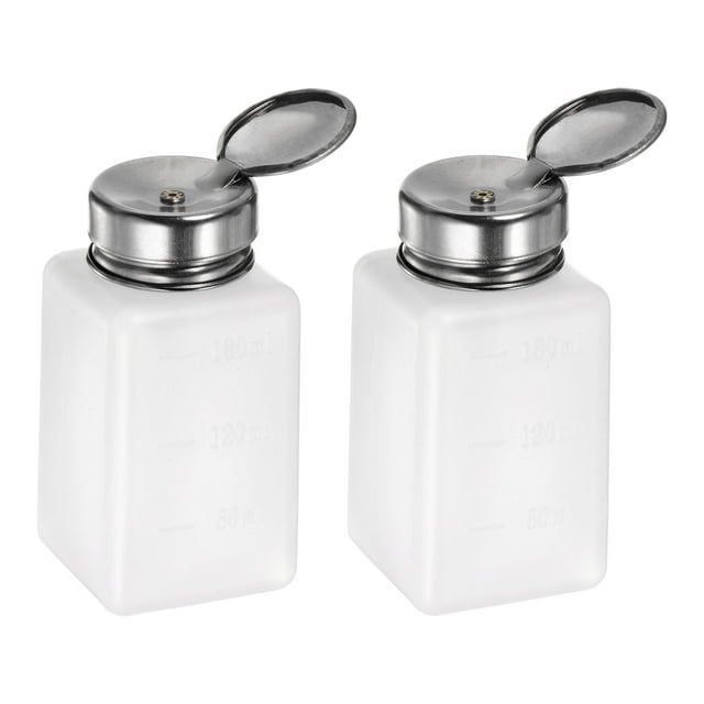 Dispensadores de alcohol solvente Uxcell de 2 piezas de 180 ml (6 oz) con bomba de dispensación de líquido de presión hacia abajo con tapa de acero inoxidable, blanca