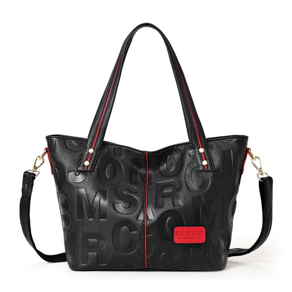 Genuine cowhide leather women's handbag with letter pattern and lychee texture, single-shoulder, lightweight commuting tote bag