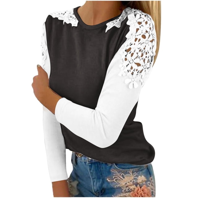 FcBaudy Hauts pour Femmes, Blouses & Chemises à Manches Longues Col Rond, Chemises pour Femmes Décontractées Col Rond Dentelle Ajourée Chandail Blouse T-shirt Hauts Blouse pour Femmes