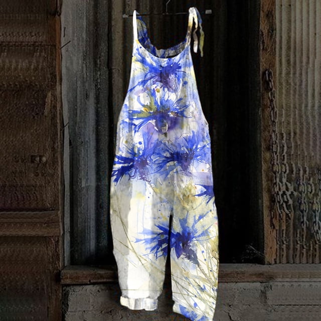 ICHUANYI Clearance Women's Casual Sleeveless Strap Floral Printed Spaghetti High Waist Wide Leg Jumpsuit Rompers(White, S) ICHUANYI WER2023080917031