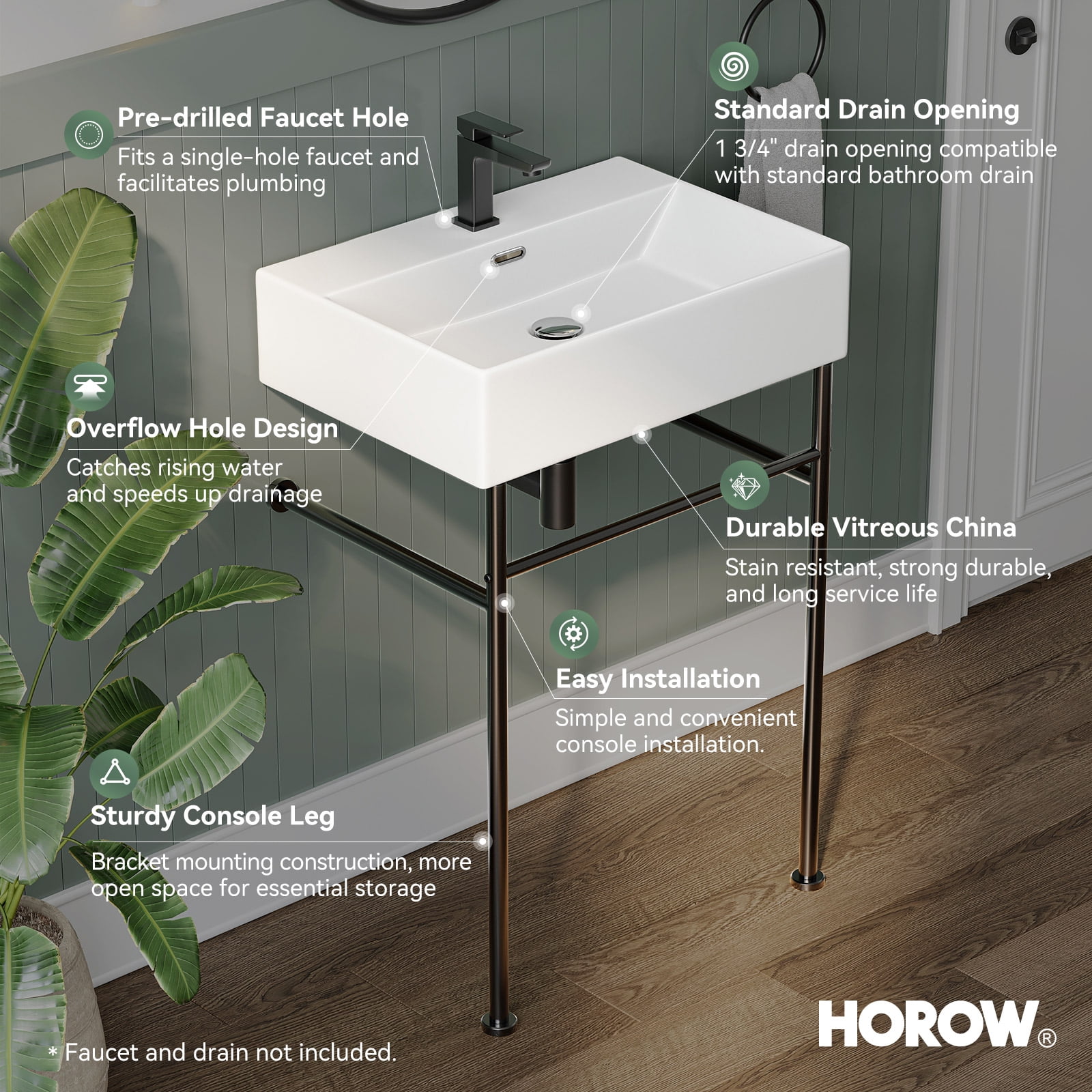 HOROW 24" Rectangular Console Bathroom Sink with Matte Black Stainless Steel Pedestal Legs