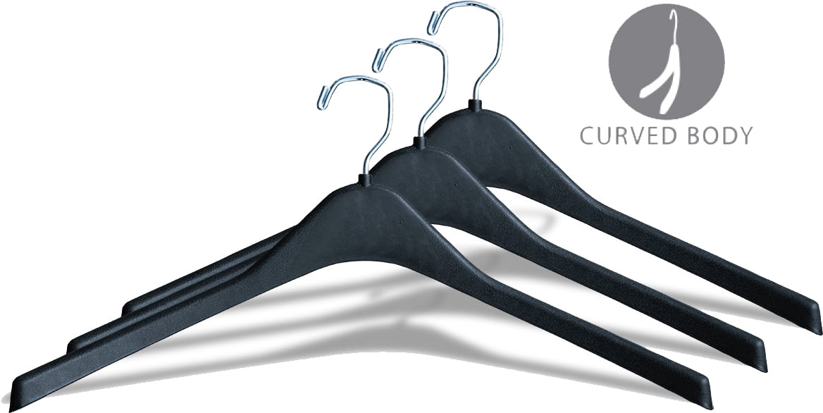 International Hanger Matte Black Plastic Curved Top Hanger, Durable 17" Length, 1/2" Thickness, 360° Chrome Swivel Hook for Coat & Jacket, (100 Pack)