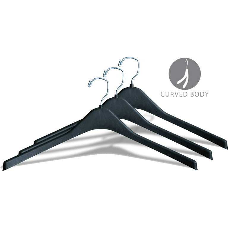 Victory Display & Store Fixture Mfg Super Heavy-Duty 17 inch Wide Black Plastic Adult Shirt Hangers with Swivel Hook and Notched Shoulders (Quantity