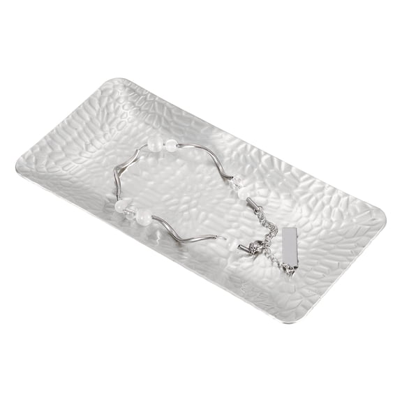 Uxcell Decorative Tray, 5.9x3" Stainless Steel Rectangular Frosted Serving Tray with Hammer Pattern for Dessert Napkin Towel Candle Jewelry Bathroom Platter, Stackable, Silver