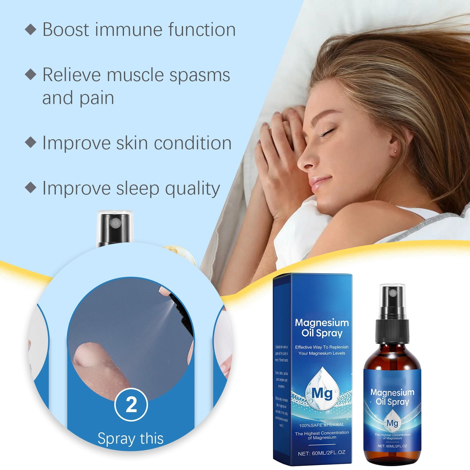 Magnesium Oil Spray for Feet, Magnesium Spray, Magnesium Oil Spray 2 fl.oz, Pure & Natural Magnesium Body Spray, Topical Magnesium Spray, Natural Deodorant, Easy to Absorb and Use 60ml