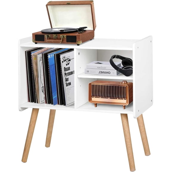 Mid-Century Record Player Stand, Vinyl Record Cabinet Holder with Storage Up to 100 Albums, Record Player Table for Living Room Bedroom Office, Turntable Stand with Wood Legs, White