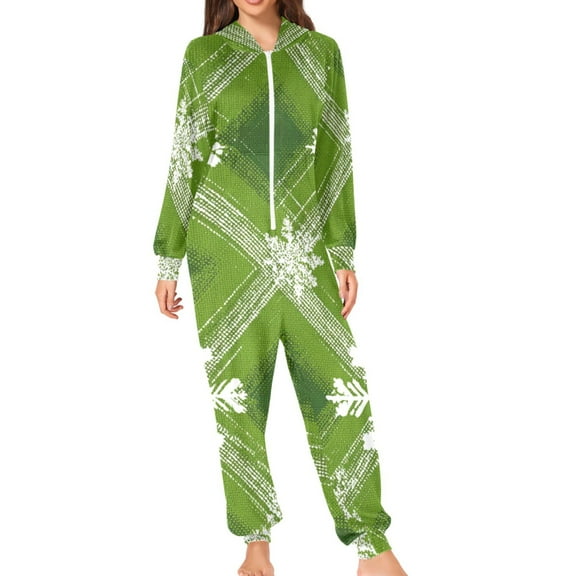 Green Diagonal Plaids Snowflakes Christmas Adult's Hoodie Onesie Jumpsuit One-Piece Pajamas with Zipper Unisex for Holiday S