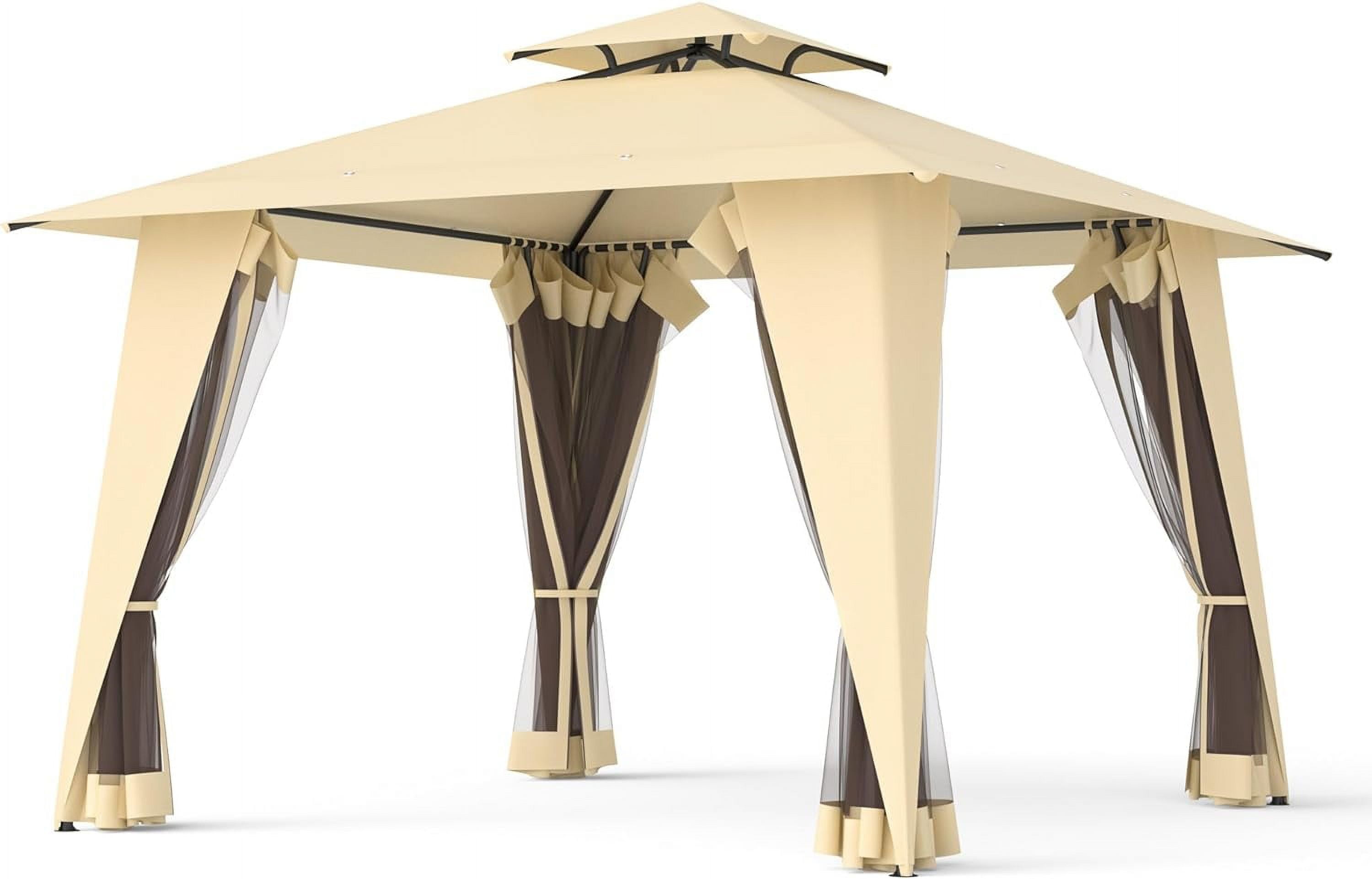 Phonjoroo Metal Patio Gazebo Outdoor 2-Tier Canopy Party Tent with Mesh Sidewalls 12x12 Beige