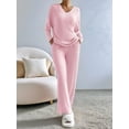 thumbnail image 2 of Womens Ribbed Knit 2 Piece Sets Long Sleeve Sweater and Wide Leg Pants Loungewear Pajamas Set Pink S, 2 of 8