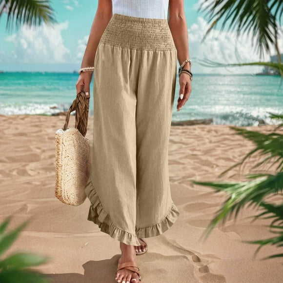 Weiqiqre Summer Pants for Women Wide Leg Pants High Waisted Elastic Waistband Palazzo Pants Flare Yoga Pants Soft Pilates Pants