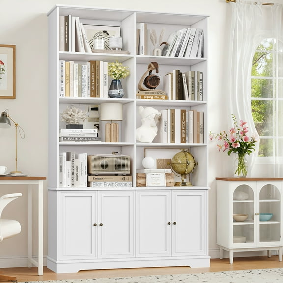 Homfa 73'' Tall Bookcase, 6-Tier 8 Cubes Display Bookshelf, 4 Doors Double Row Bookcase for Living Room Home Office, White