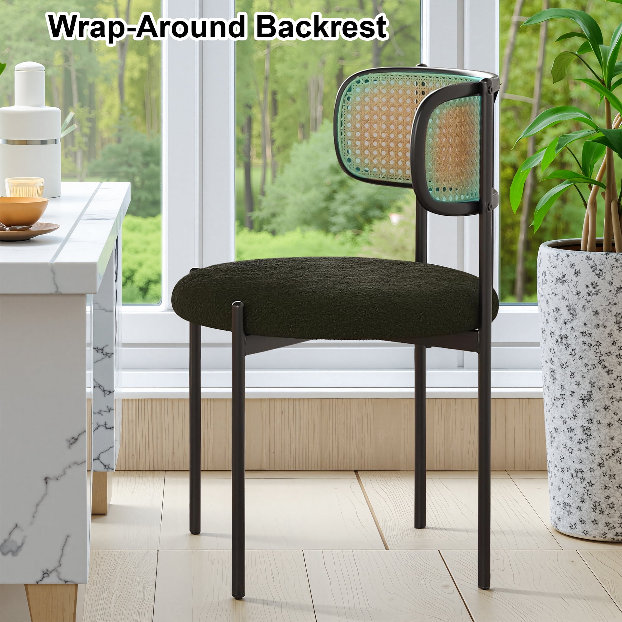 MAYEERTY 2-Pack Green Modern Upholstered Dining Chairs, Rattan Back, Metal Legs, Kitchen Accent