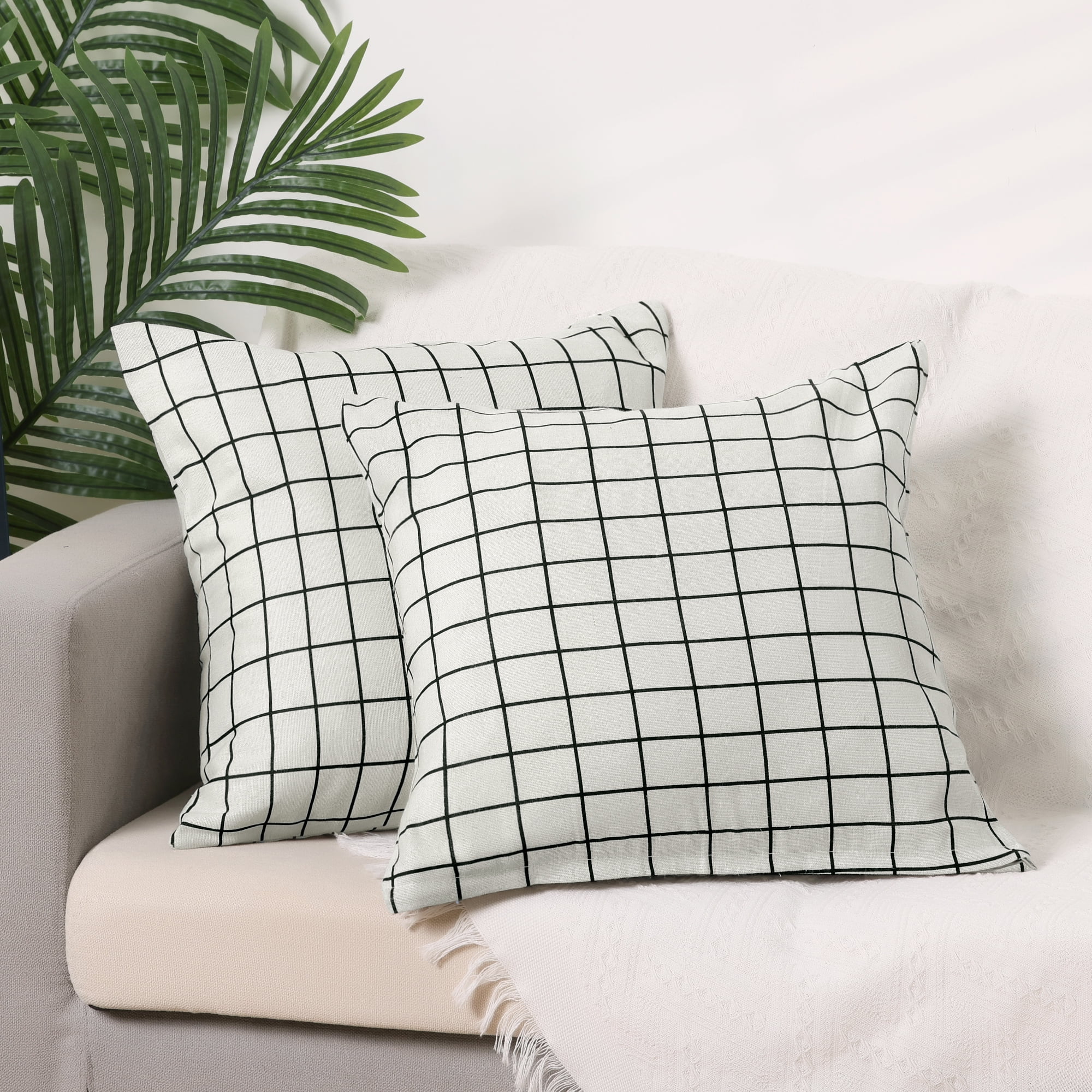 Unique Bargains Plaid Throw Pillow Covers Square Linen Cushion Pillowcase White 20" x 20"