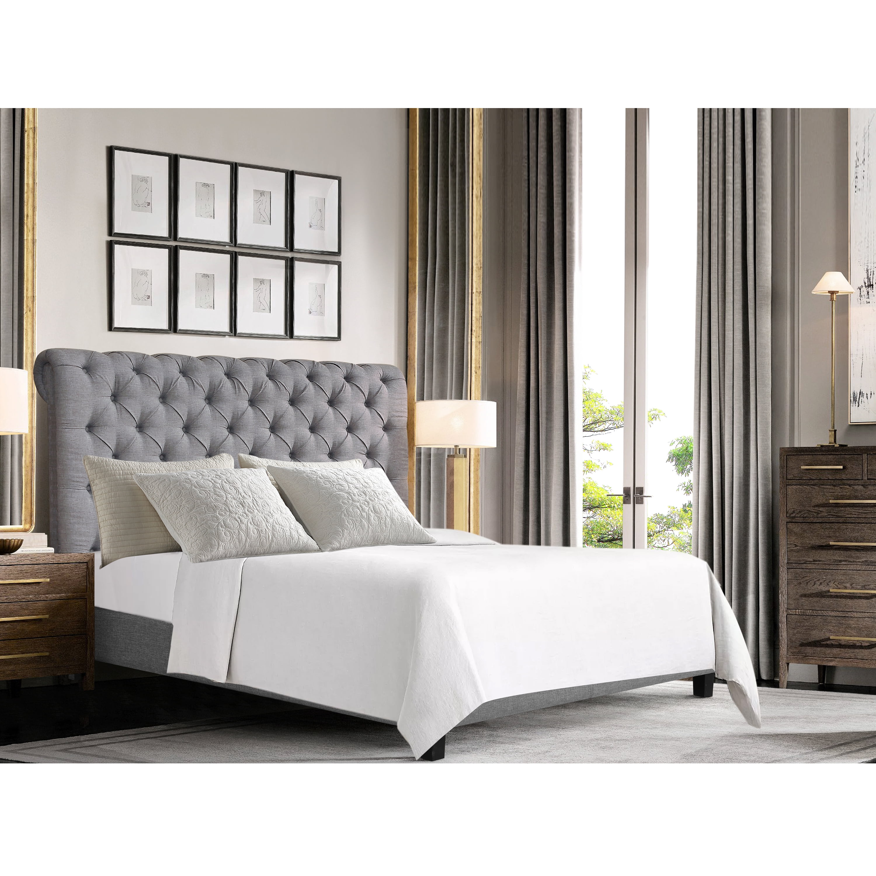 Gewnee Full Size Platform Bed Frame with Upholstered Linen Headboard, Wood Slat Support, Sturdy Construction, Box Spring Required, Grey