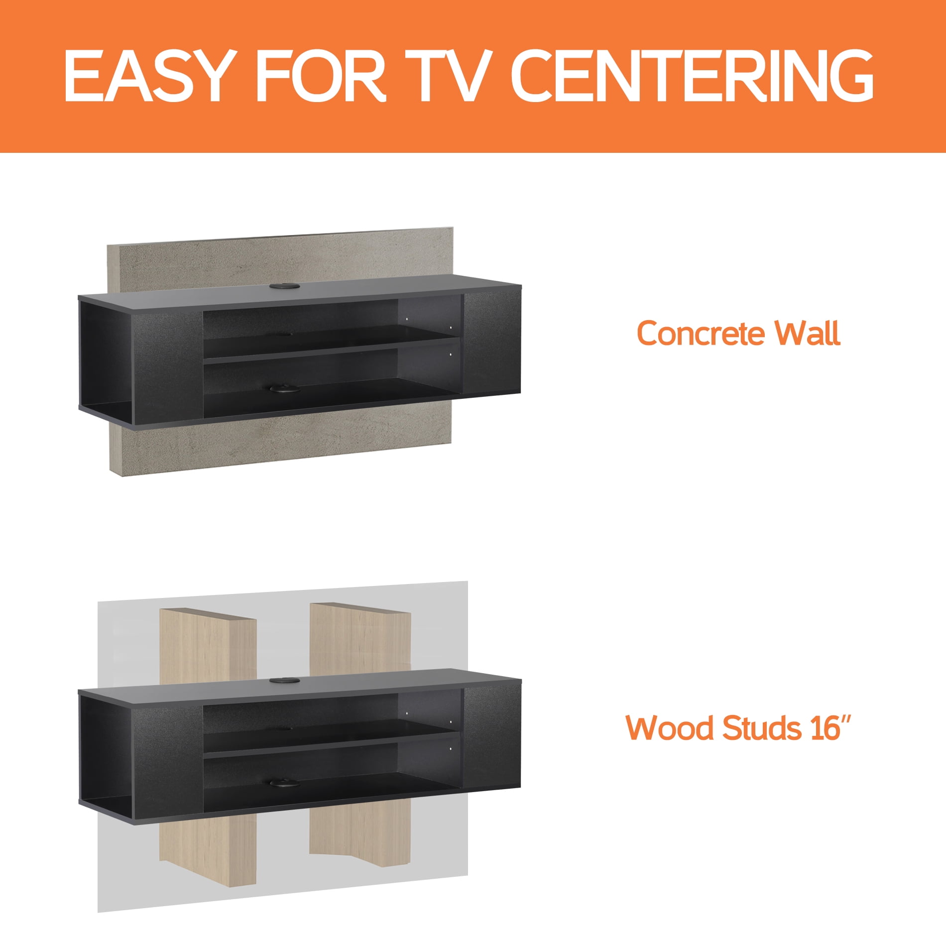 Yellow Light Floating TV Stand with Adjustable Shelves for Living Room Bedroom, Black, 39.4 inch