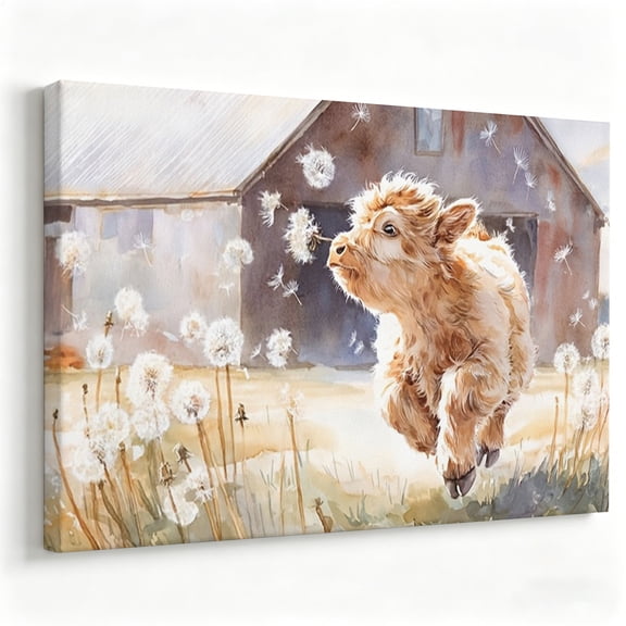 Cute Highland Cow Calf With Dandelions Canvas Wall Art, Farmhouse Watercolor Print, Whimsical Rustic Home Decor 8*12