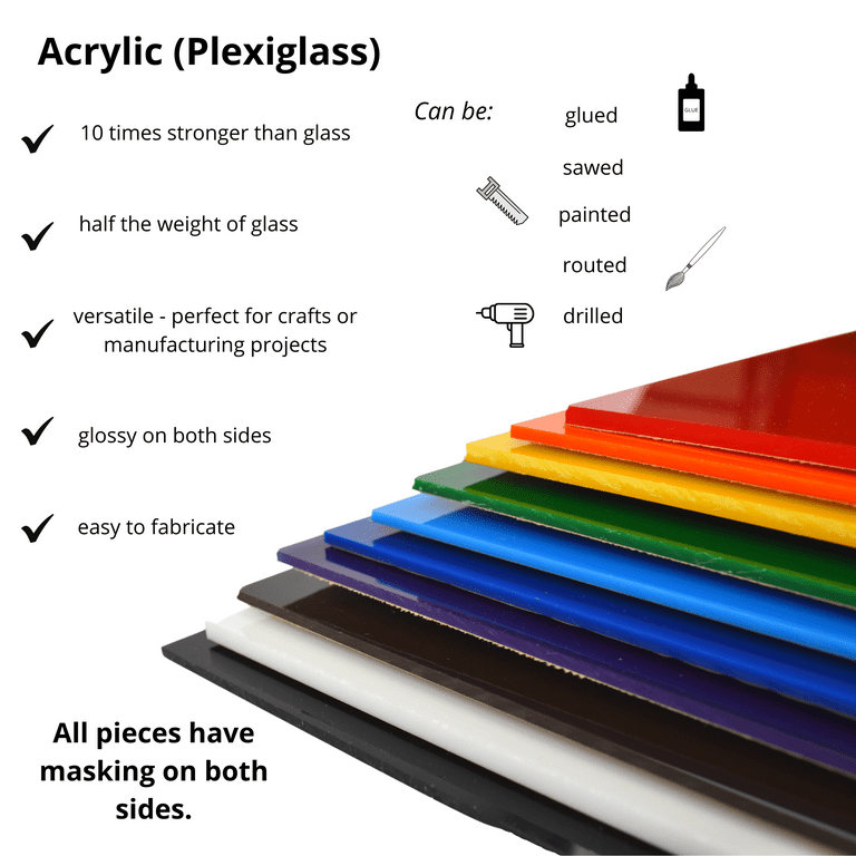 Colored Acrylic Square Blanks for Crafts, 1/8 Inch Thick (3mm, 12x12 In, 6  Colors, 6 Pack)