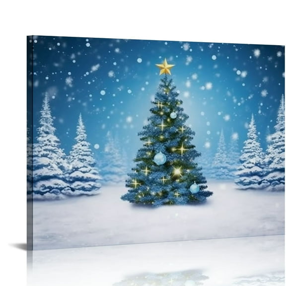 Fenyluxe Canvas Wall Art Christmas Tree Snow Blue Star Print Ready to Hang for Home Decor 16x12in