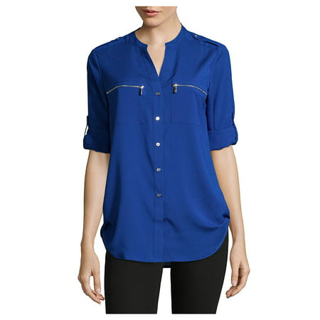 UPC 700289999643 product image for CALVIN KLEIN Womens Blue Zippered Cuffed V Neck Button Up Wear To Work Top  Size | upcitemdb.com