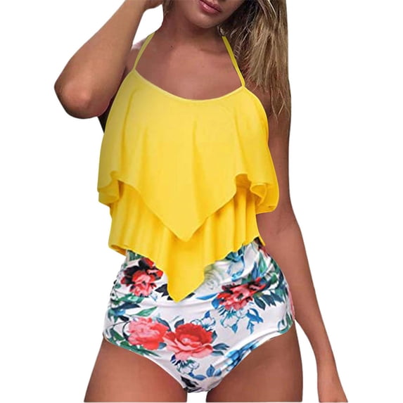 Abcnature Women's Bikini Swimsuits Sets, Thong Bikini Sets High Waisted Two Piece Ruffled Flounce Top With Ruched Bottom Swimwear Bikini Sets for Women Yellow S