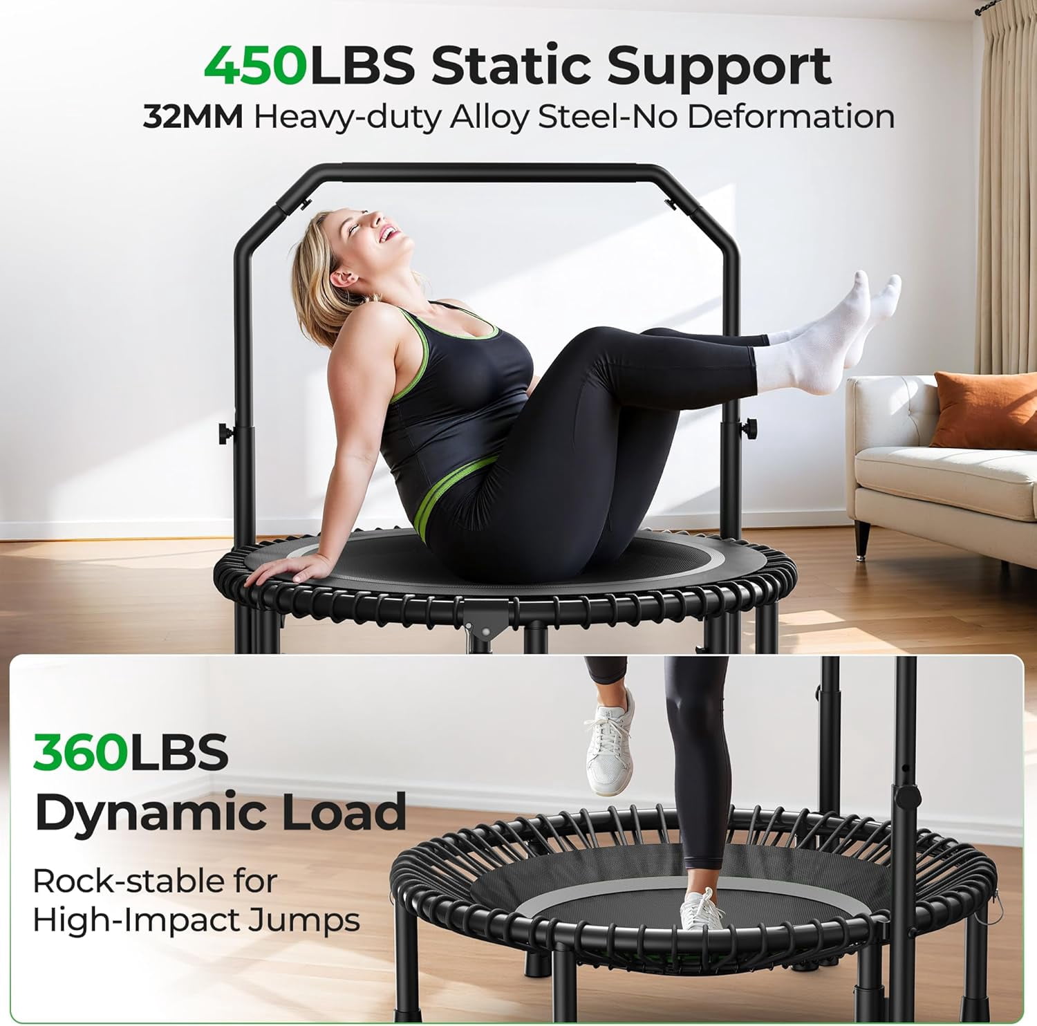 BCAN BT2 40-Inch Adult Mini Rebounder Trampoline, 450-pound weight capacity, adjustable handrails, and a Silent Resistance Band Design, suitable for indoor and outdoor home workouts