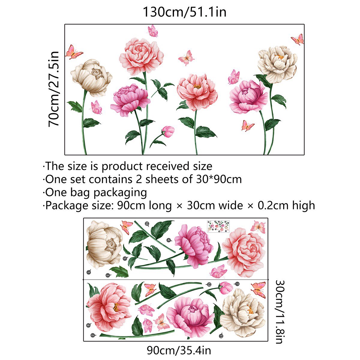 Watercolor Roses Wall Decals Peony flower wall stickers, plant flower stickers Peel and Stick Wall Art Decals for Living Room Bedroom Office Wall Decor glass decals(Red & White Watercolor)