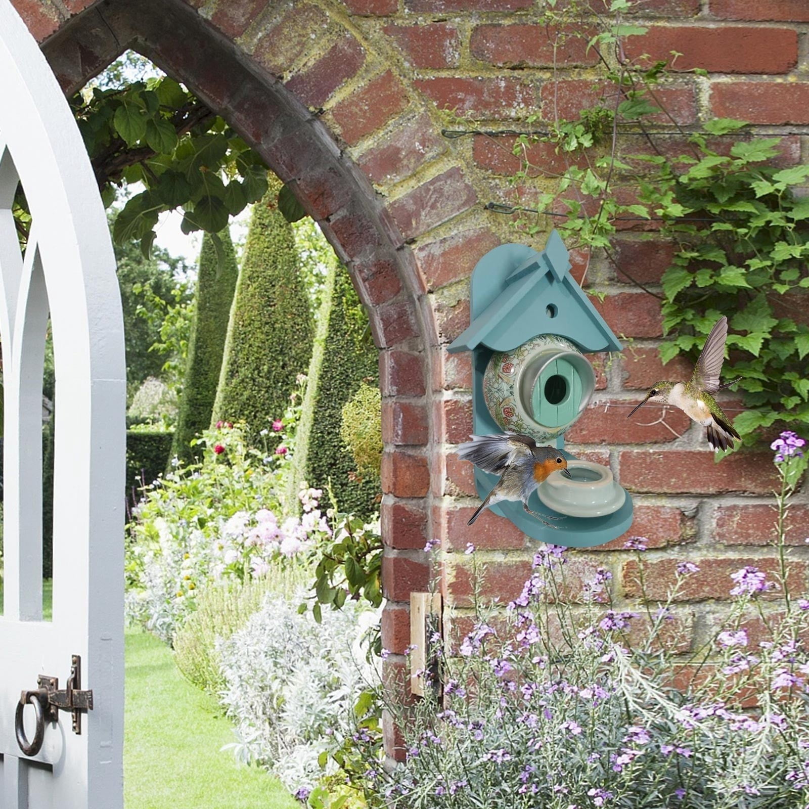 Teapot Shaped Bird Feeder, Hanging Squirrel Proof Wild Bird Feeder, Decorative Outdoor Wooden & Resin Feeder for Yard Patio Garden, Easy to Clean Bird House for Finches Sparrows,White