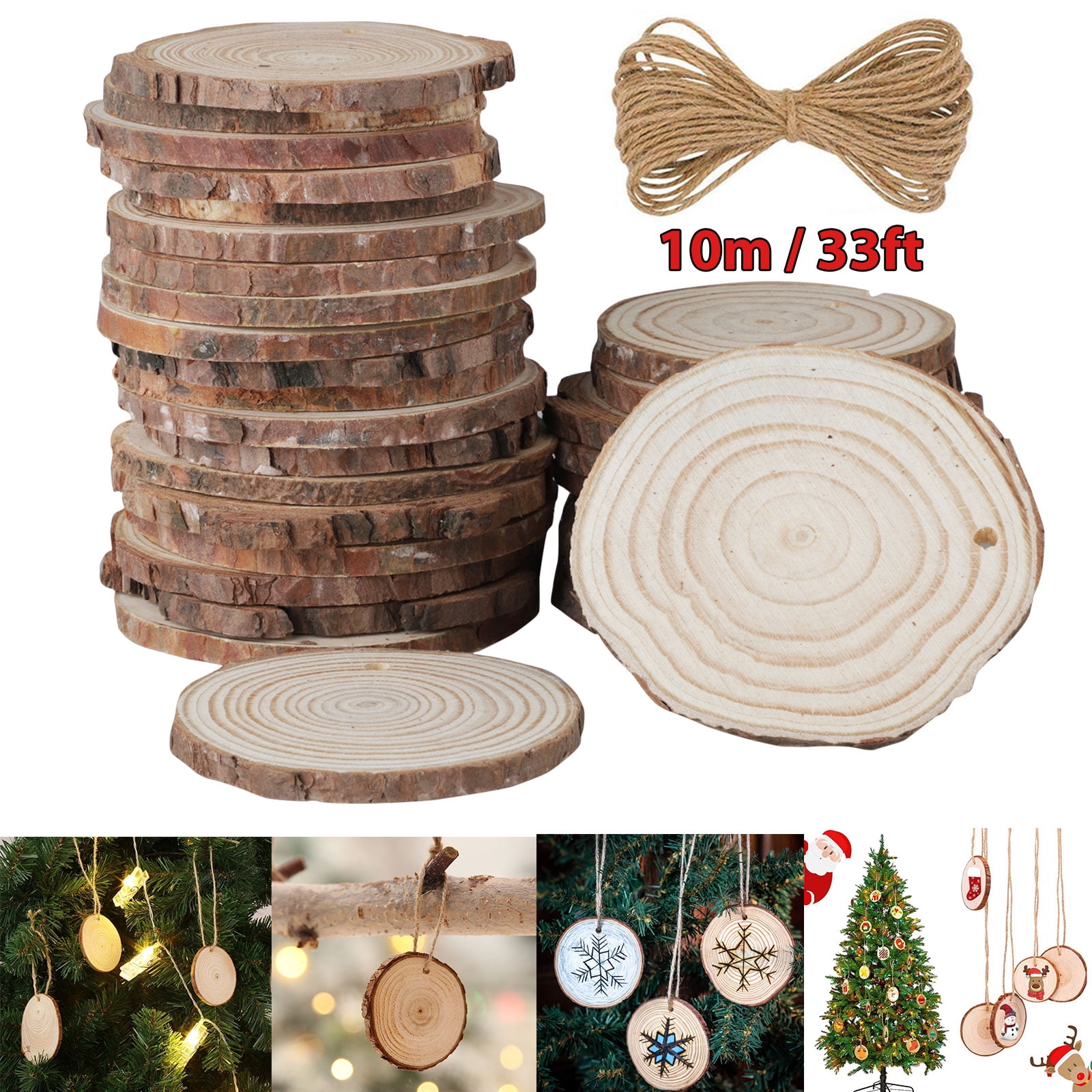 Wedding Ornaments DIY Craft 20Pcs Natural Wood Slices 2.36-2.7 inches Predrilled Unfinished Log Wooden Circles with Holes and Bark forChristmas Decoration Includes Jute Twines