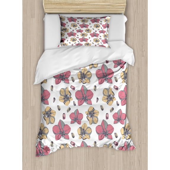 Floral Duvet Cover Set Twin Size, Pastel Style Graphic Image Illustration of Detailed Orchid Flowers and Buds, Decorative 2 Piece Bedding Set with 1 Pillow Sham, Multicolor, by Ambesonne
