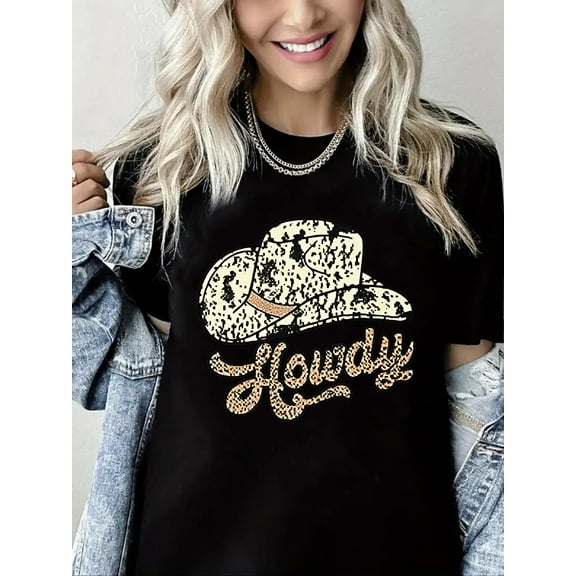 Western Cowboy Tshirt Howdy Print Short Sleeve Shirt for Women