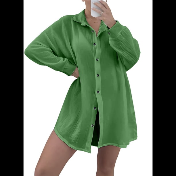 Vestido de Lentejuelas de Gran Tamaño para Mujer, Larga, Abotonado, para Playa, Verano 2025 Verde L