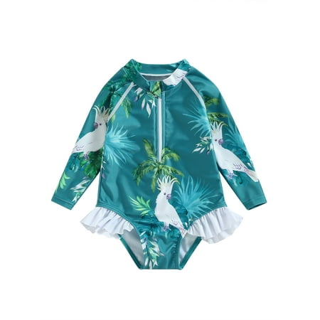

Zervatek Kids Baby Girl Swimsuits Coconut Tree Print Ruffles Zipper Long Sleeve Jumpsuit Swimwear Beachwear Bathing Suits