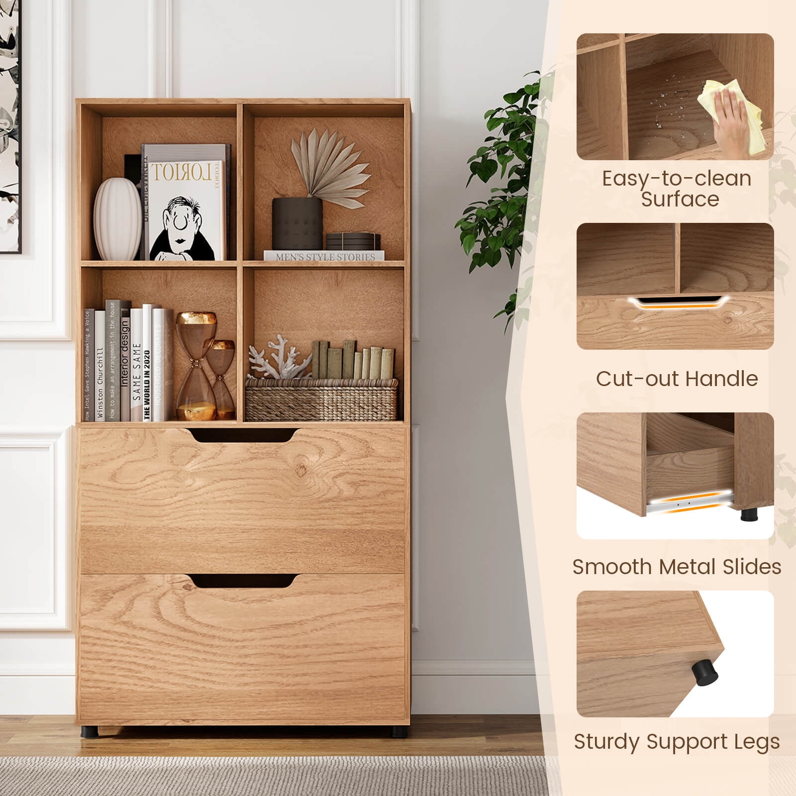 Costway 2PCS 4-Cube Bookcase with 2 Drawers, 5-Tier Tall Freestanding Bookshelf for Study Natural