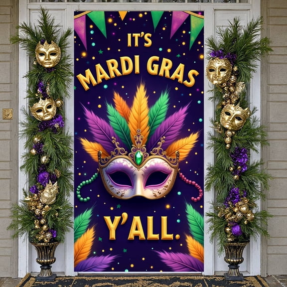 Golden Mask Mardi Gras Banner Colorful Feathers Carnival Display Purple Green Gold Beaded Decoration Festive Backdrop for Carnival Party Mardi Gras Celebration Festival Parade