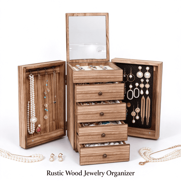 DERCLIVE 5-Layer Wooden Jewelry Box for Women, Large Organizer Box with Mirror & 4 Drawers for Rings, Earrings, Necklaces, Vintage Style