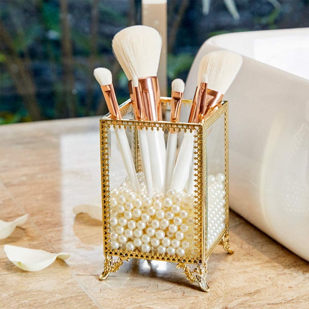 Makeup Brush Holder Glass and Brass Vintage Makeup Brush Organizer Handmade Cosmetic Brush Storage with White Pearls for Dresser Vanity Countertop