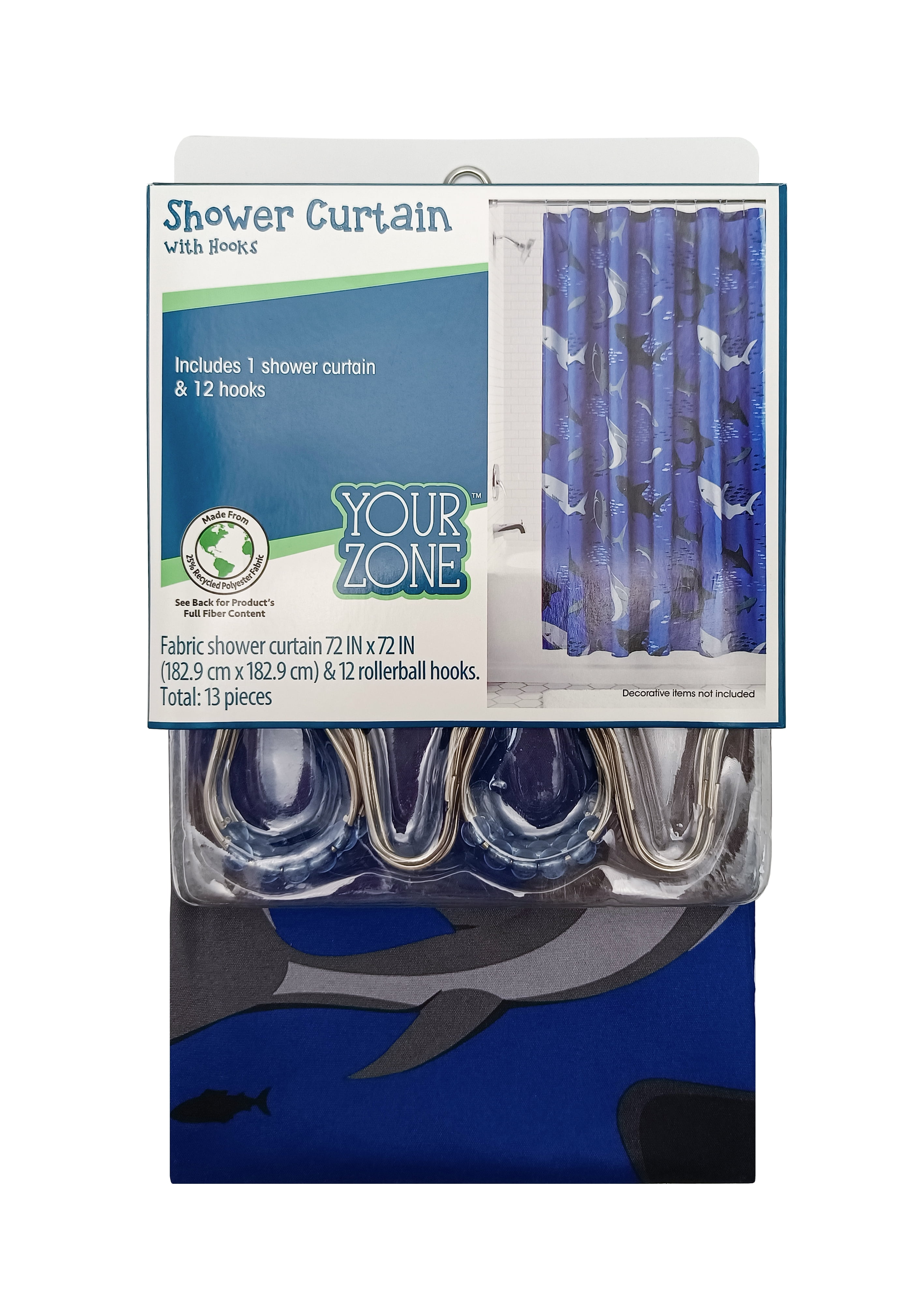 Your Zone Kids Navy Shark Shower Curtain with Hooks