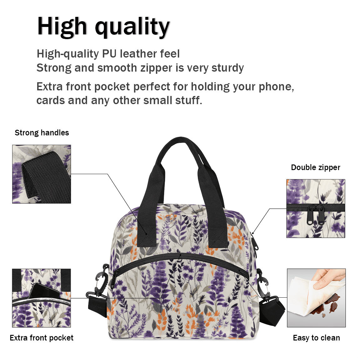 Herdesigns Floral Insulated Lunch Bag for Women Men Adults Large Reusable Lunch Box Lavender Leakproof Cooler Tote Bags with Adjustable Shoulder Strap