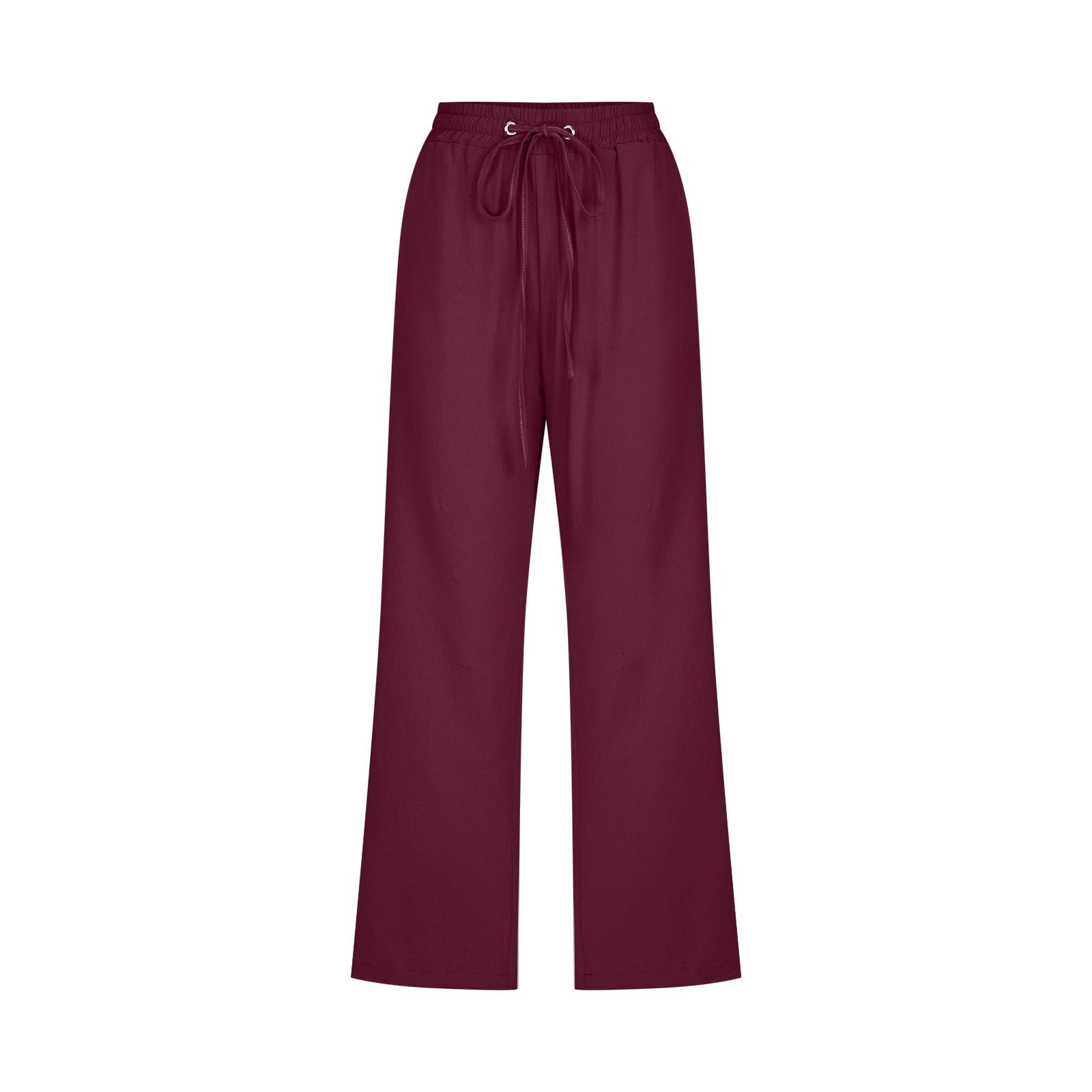 Women Casual Pants Solid Color Elastic High Waisted Drawstring Straight Wide Leg Calf-Length Trousers Pants With Pockets Female Trendy Hiking Travel Jogging Pants,Wine,M - image 4